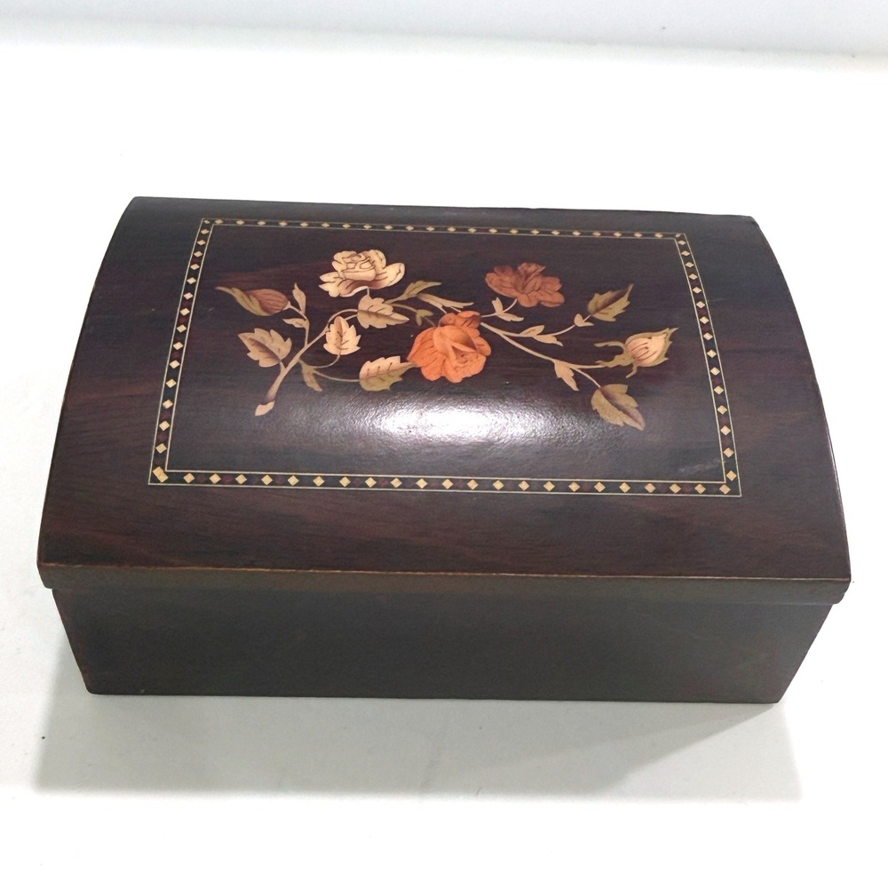Vintage Wood Jewelry Box Floral Marquetry Inlay Mirror Ring Rolls Dark Brown
